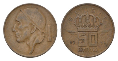 Бельгия 50 сантимов 1954 Belgie KM 145 бронза 4684-759