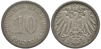 ГЕРМАНИЯ 10 ПФЕННИГОВ 1896 D KM 12, Jager 13, Weege 8 медно-никель 4538-135