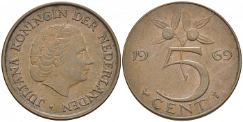 Нидерланды 5 центов 1969 Юлиана (1948-1980) KM 181 бронза 214-821