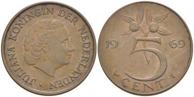 Нидерланды 5 центов 1969 Юлиана (1948-1980) KM 181 бронза 214-821