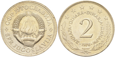 Югославия 2 динара 1976 KM 57 медь никель цинк UNC 4582-953