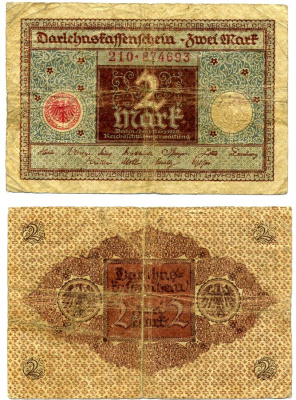 Германия 2 марки 1920 1 марта 1920, коричнево-голубая, серия 210 Pick 60, Розенберг 65а бумага VF 2195-33-2-2