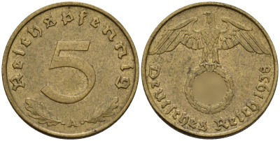 Германия 5 рейхспфеннигов 1938 A KM 91, J. 363 алюминиевая бронза 4151-766