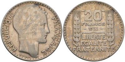 Франция 20 франков 1933 Пьер Тюрен KM 879, Le Franc 400.3 серебро 107-822