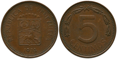 Венесуэла 5 сентимо 1974 KM 49 сталь плакированная бронзой 4576-646