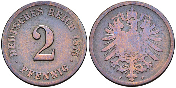 ГЕРМАНИЯ 2 ПФЕННИГА 1875 F, СТАРОГЕРБОВКА KM 2, Jager 2, Weege 3 медь 4546-552