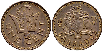 Барбадос 1 цент 1973 сломанный трезубец Британии KM 10 бронза 4396-1244