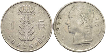 БЕЛЬГИЯ 1 ФРАНК 1969 BELGIE, БОДУЭН I (1951-1993) KM 143.1 медно-никель 119-616