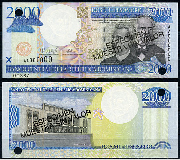 Доминиканская Республика 2000 песо 2000 Эмилио Прудомме, Хосе Рейес, национальный театр, "Образец". С диагональной надпечаткой слова "Especimen" и перфорационными отверстиями Pick 164 a s  бумага  UNC (пресс) 451-720-3