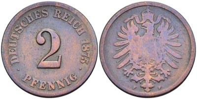 ГЕРМАНИЯ 2 ПФЕННИГА 1875 F, СТАРОГЕРБОВКА KM 2, Jager 2, Weege 3 медь 4546-552