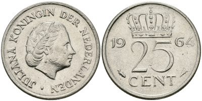 НИДЕРЛАНДЫ 25 ЦЕНТОВ 1964 ЮЛИАНА KM 183 никель 96-157