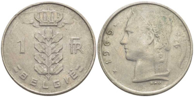 БЕЛЬГИЯ 1 ФРАНК 1969 BELGIE, БОДУЭН I (1951-1993) KM 143.1 медно-никель 119-616