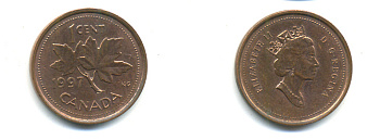 КАНАДА 1 ЦЕНТ 1997 КЛЕНОВЫЙ ЛИСТ KM 289 сталь плакированная медью 177-1441