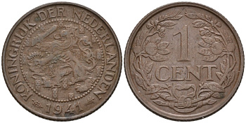 Нидерланды 1 цент 1941 Вильгельмина (1890-1948) KM 152 бронза 46-1166