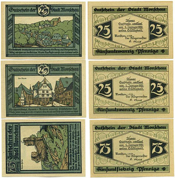 Германия, Моншау набор из 3 банкнот 25, 25, 75 пфеннигов 1922 1 Июля 1921 - 1 Октября 1922, нотгельд, земля Северный Рейн-Вестфалия Grabowski 897.1  бумага  UNC (пресс) 7555-11-2-1