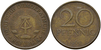 ГДР 20 пфеннигов 1969 А, первый год KM 11 латунь 92-131