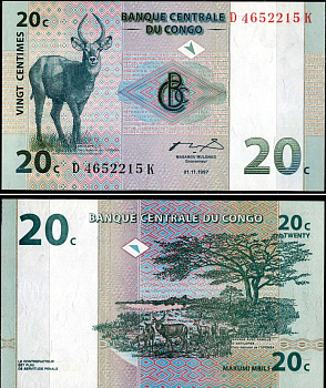 ДР Конго 20 сантимов 1997 антилопа, национальный парк Упемба Pick 83 a бумага UNC (пресс) 7183-36-4-1