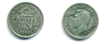 Великобритания 6 пенсов 1944 Георг VI (1936-1952) KM 852, Spink 4084 серебро 61-1117