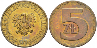 Польша 5 злотых 1976 монетный двор Ленинград (ЛМД) KM 81.1, Parchimowicz 221b латунь UNC 4529-1145