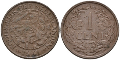 Нидерланды 1 цент 1941 Вильгельмина (1890-1948) KM 152 бронза 46-1166