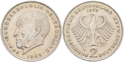 ФРГ 2 марки 1973 F, Конрад Аденауэр, 20 лет Федеративной Республике (1949-1969) KM 124, J. 406 медно-никель плакированный никелем 4137-434
