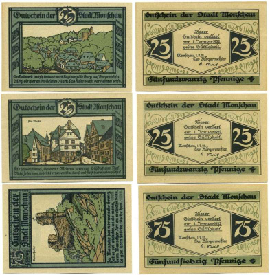 Германия, Моншау набор из 3 банкнот 25, 25, 75 пфеннигов 1922 1 Июля 1921 - 1 Октября 1922, нотгельд, земля Северный Рейн-Вестфалия Grabowski 897.1  бумага  UNC (пресс) 7555-11-2-1