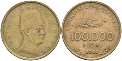 Турция 100000 лир 2000 75 лет республике, Мустафа Кемаль Ататюрк KM 1078 медь никель цинк 4364-1856