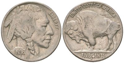 США 5 центов 1936 S, индеец, бизон KM 134 медно-никель 4614-1258