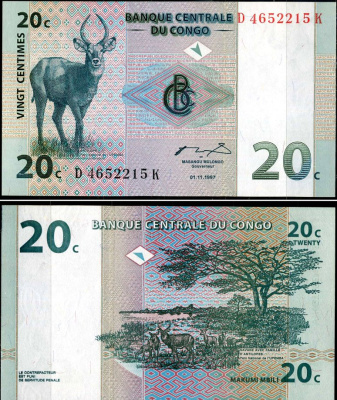 ДР Конго 20 сантимов 1997 антилопа, национальный парк Упемба Pick 83 a бумага UNC (пресс) 7183-36-4-1