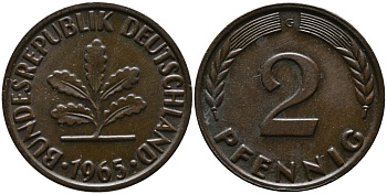 ФРГ 2 пфеннига 1965 G KM 106, J.381 бронза 99-139