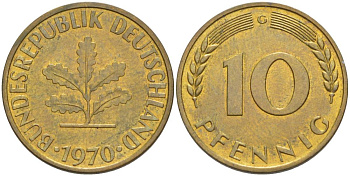 ФРГ 10 ПФЕННИГОВ 1970 G KM 108, J. 383 сталь плакированная латунью 219-441