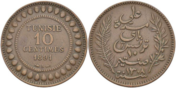 Тунис 10 сантимов 1891 АН 1308, Али III ибн аль-Хусейн KM 222 бронза 4526-212