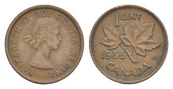Канада 1 цент 1955 Елизавета II (1952-2022), кленовый лист KM 49 бронза 4630-531