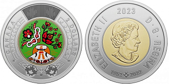 Канада 2 доллара 2023 национальный день коренных народов, эмаль KM NEW биметалл  UNC  M59-11