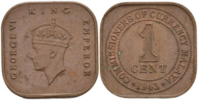 Британская Малайя 1 цент 1943 Георг VI (1937-1952) KM 6 бронза 4153-626