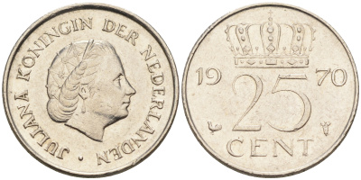 Нидерланды 25 центов 1970 Юлиана (1949-1980) KM 183 никель    4174-657