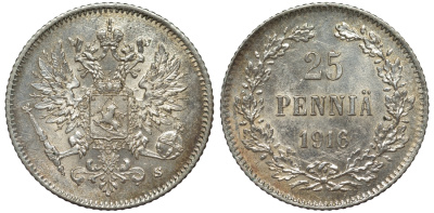 Россия для Финляндии 25 пенни 1916 S, Николай II (1894-1917) KM 6.2, Биткин 421 серебро 75-1325
