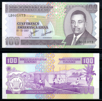 Бурунди 100 франков 2007 1 октября 2007 Pick 37f бумага UNC (пресс) 6317-41-2-2