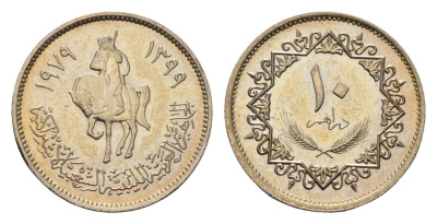 Ливия 10 дирхамов 1979 год-тип KM 20 сталь плакированная никелем UNC 4679-452