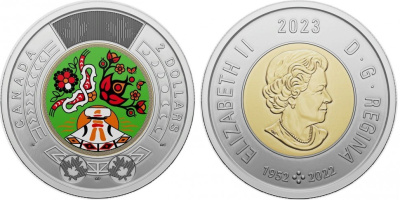 Канада 2 доллара 2023 национальный день коренных народов, эмаль KM NEW биметалл  UNC  M59-11