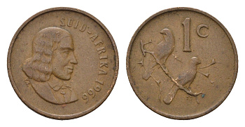 ЮАР 1 цент 1966 Ян ван Рибек (1619-1677), Suid Africa, легенда на африкаанс, капские воробьи KM 65.2 бронза 4690-1163