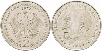 ФРГ 2 МАРКИ 1977 J, КОНРАД АДЕНАУЭР KM 124, J. 406 медно-никель плакированный никелем 3718-1013