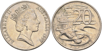 Австралия 20 центов 1997 Елизавета II (1952-2022), утконос KM 82 медно-никель 4131-932