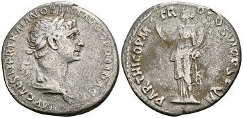 Римская Империя денарий 114 - 117 Траян PARTHICO PM TR P COS VI PP SPQR Фелицитата, персонификация Счастья Рим Very fine RIC 332 серебро 1073-4-7-3