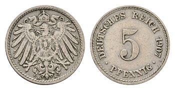 Германия 5 пфеннигов 1907 A, Вильгельм II (1888-1918) KM 11, J. 12 медно-никель 4636-151