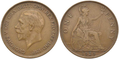 Великобритания 1 пенни 1929 Георг V (1910-1936) KM 838, Spink 4055 бронза 115-234