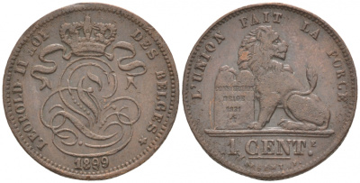 БЕЛЬГИЯ 1 САНТИМ 1899 FR KM 33.1 медь 44-939