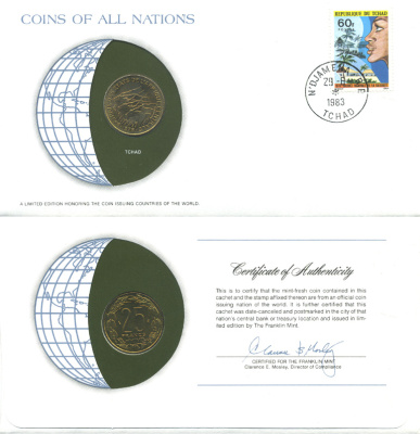 ВАЛЮТНЫЙ СОЮЗ СТРАН ЦЕНТРАЛЬНОЙ АФРИКИ, ЧАД 25 ФРАНКОВ 1978 конверт с маркой первого дня гашения, Coins of Nations KM 10 алюминиевая бронза UNC 4294-58-2