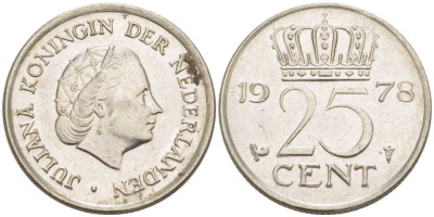 НИДЕРЛАНДЫ 25 ЦЕНТОВ 1978 ЮЛИАНА (1948-1980) KM 183 никель 214-1117