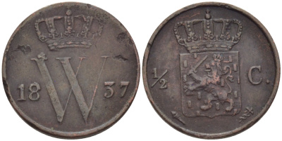 НИДЕРЛАНДЫ 1/2 ЦЕНТА 1837 KM 51 медь 100-266